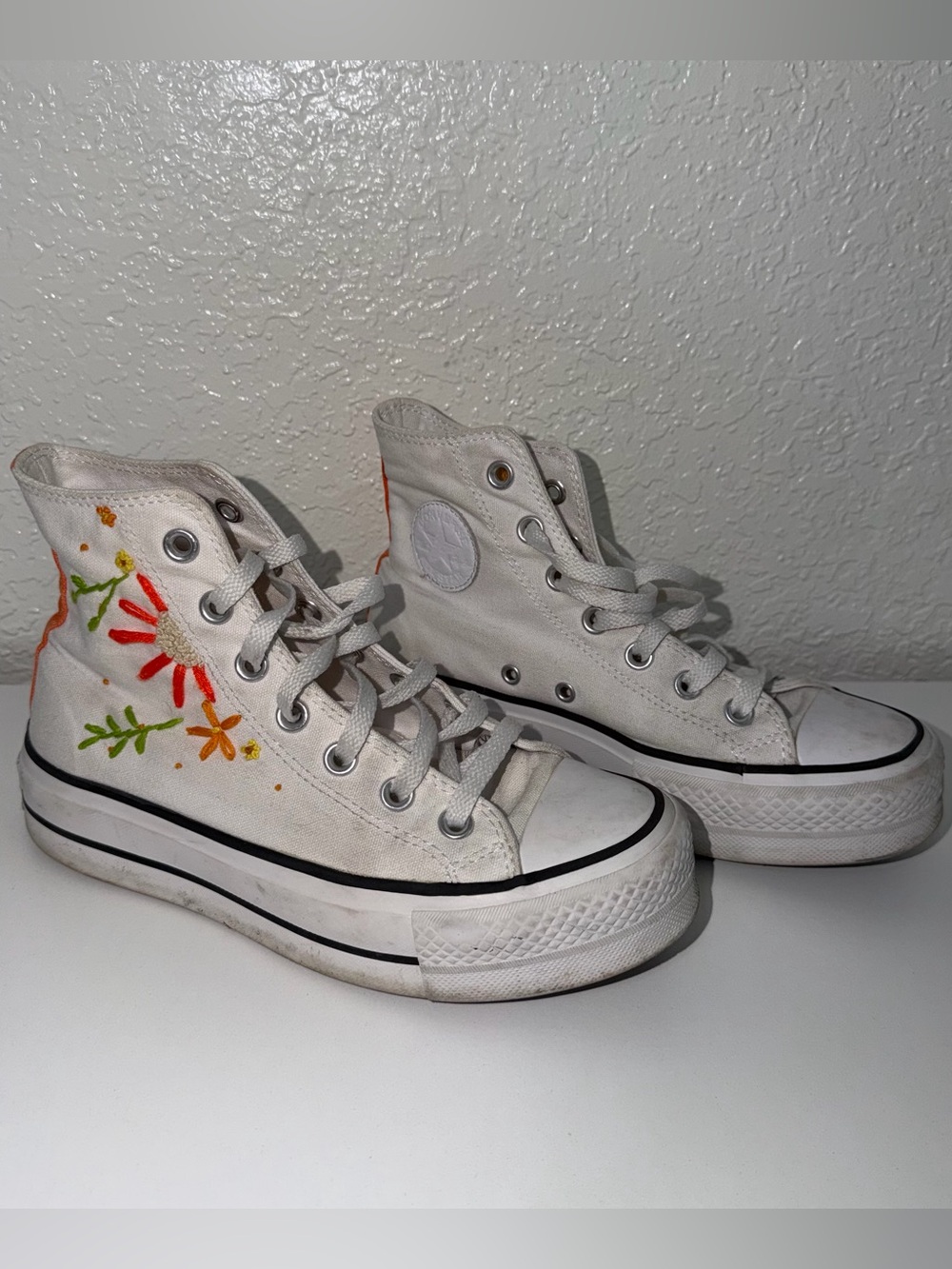 Converse White High-Top Canvas Sneakers with Hand Embroidered Florals
